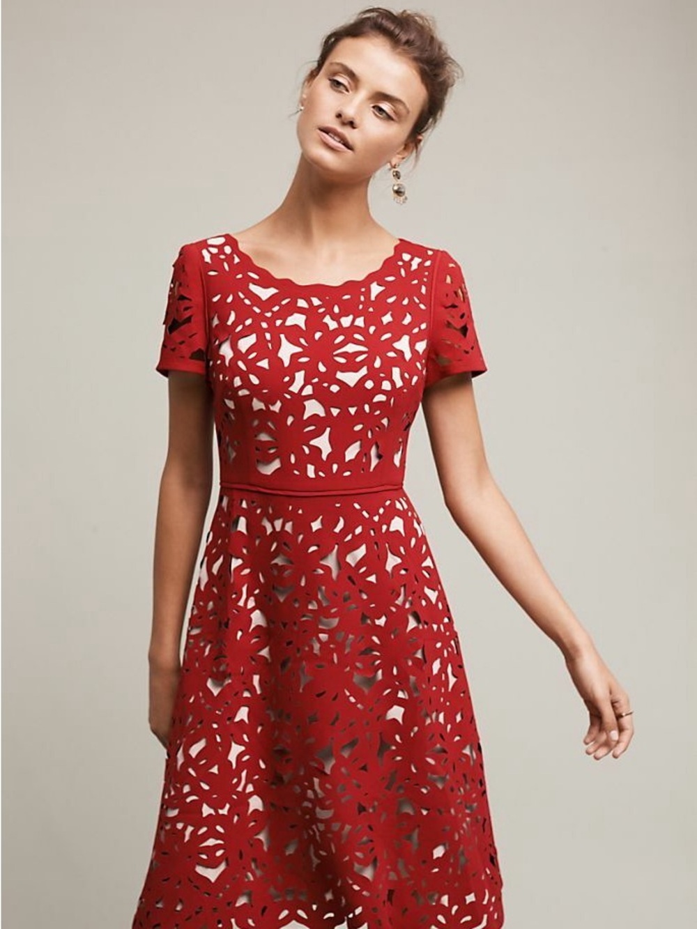 Moulinette Soeurs ($270) Anthropologie Red Laser Cut Floral A-Line Dress Sz 4